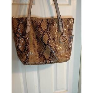 Michael Kors Marigold Python Tote Bag Brown Black Gold Charm Side Pockets Zip...
